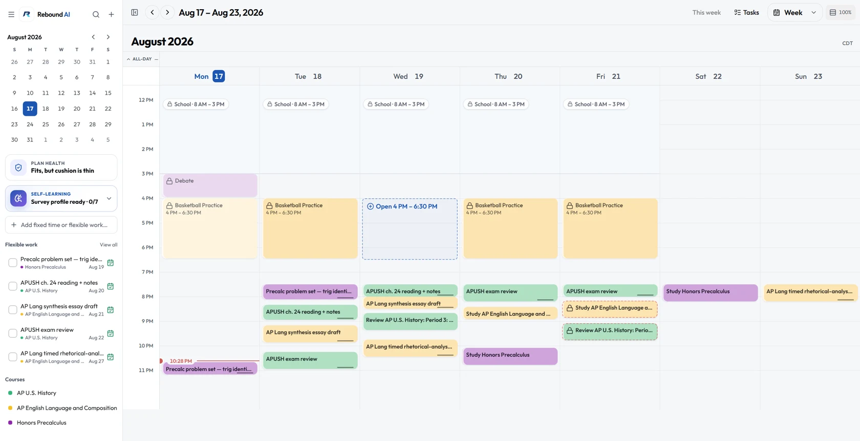 A packed student week in Rebound: school, debate, and basketball practice locked in place, with color-coded study blocks filling the evenings.