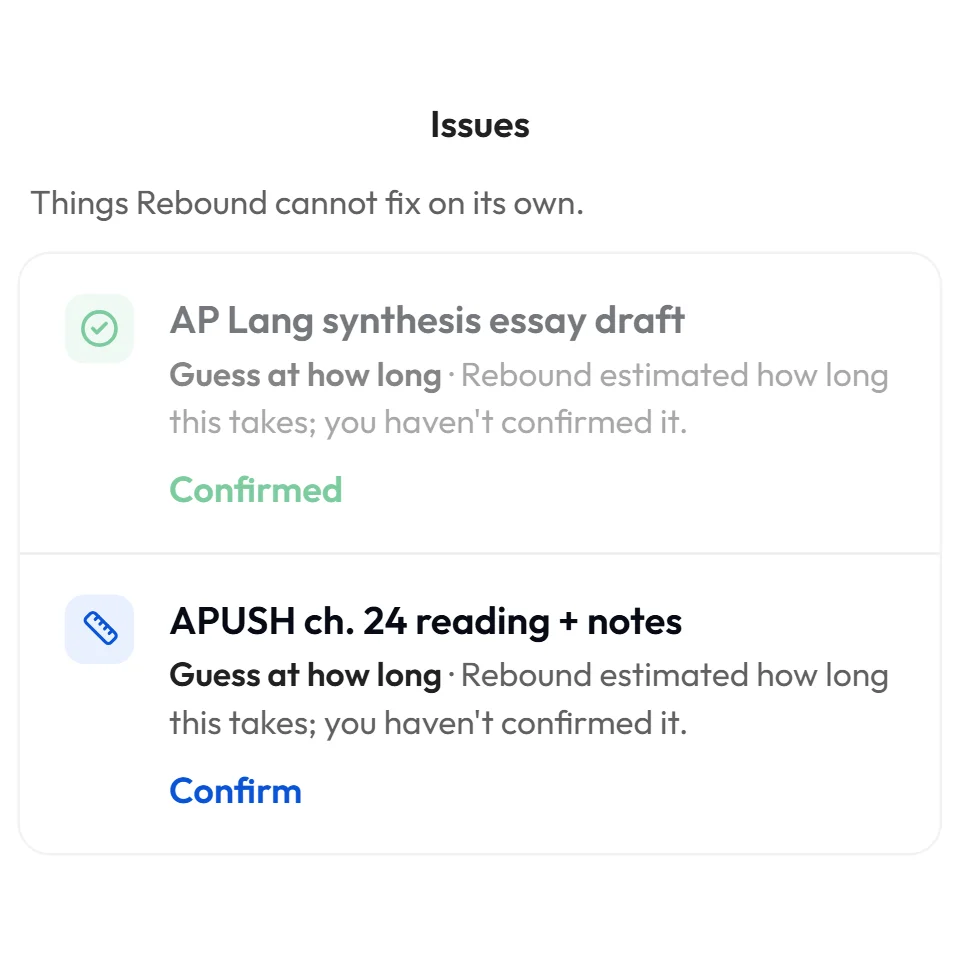 The Issues list asks the student to confirm how long an essay draft takes.