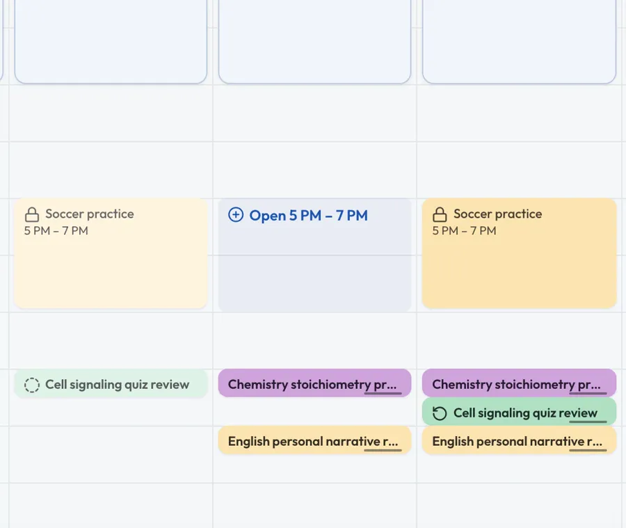 Study blocks placed into the open hours around fixed commitments.